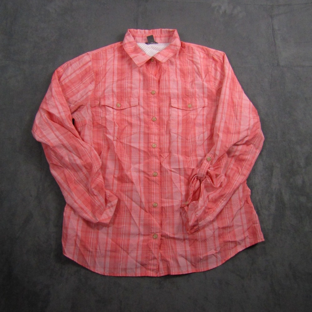Eddie Bauer Button Up Shirt Womens L Pink Plaid Roll Tab Sleeve Hiking Top